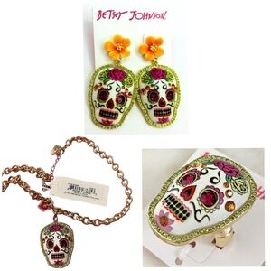BETSEY JOHNSON SET Sugar Skull El Dia de los Muertos Earrings Necklace Ring NWT